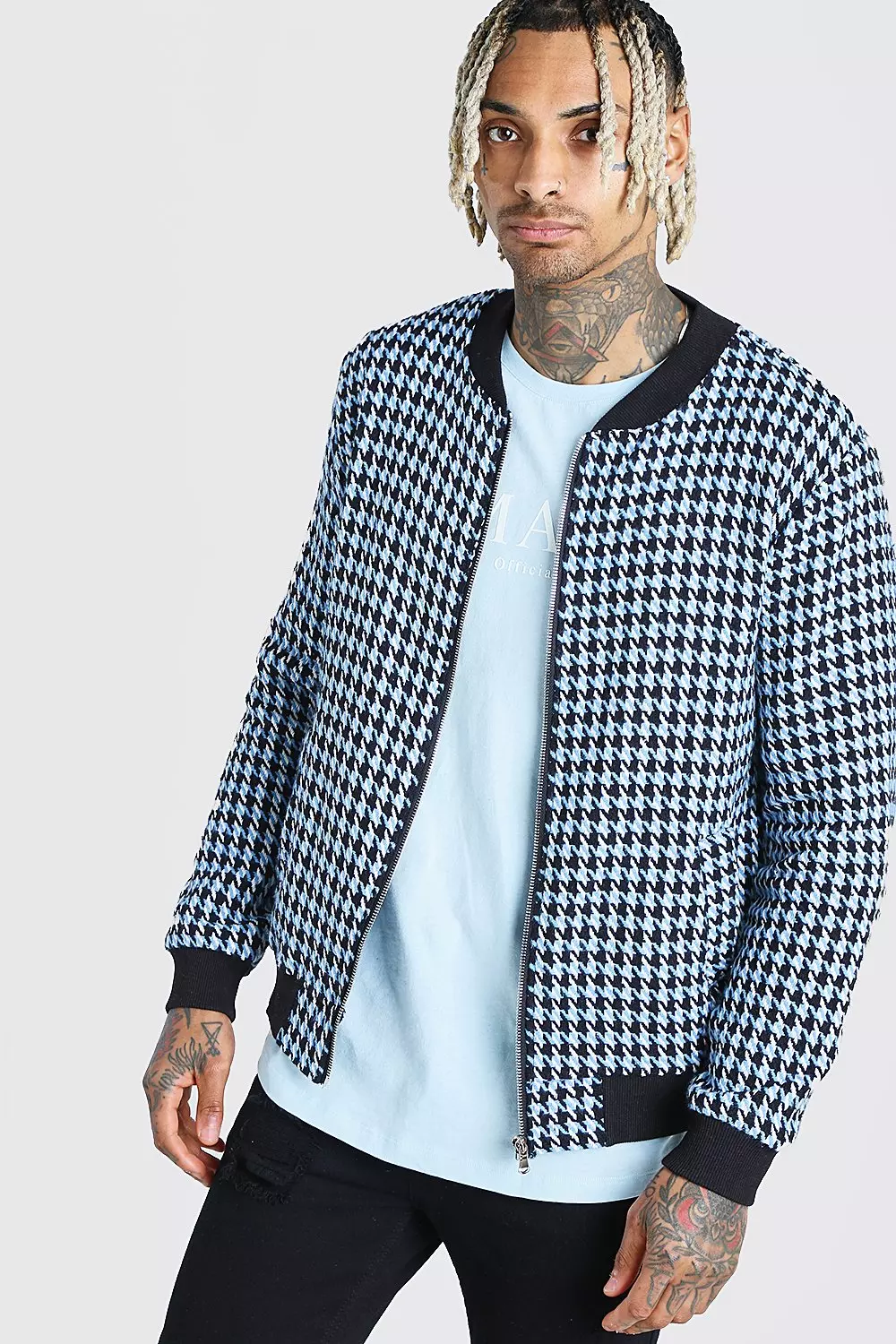 Wool Look Houndstooth Bomber Jacket | boohooMAN USA